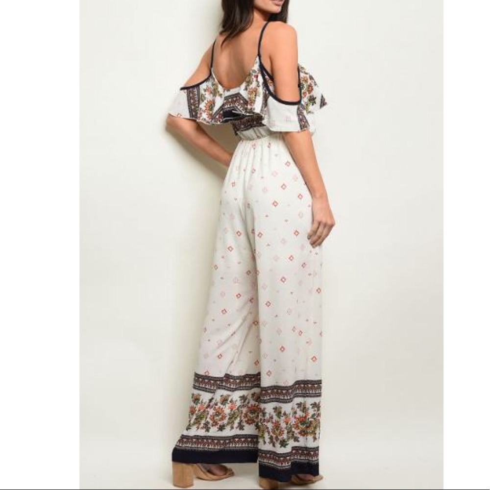 Floral Aztec Mixed Print Cold Shoulder Jumpsuit